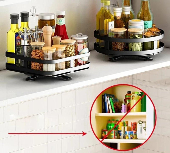 Platzsparendes Drehregal 360° aus Edelstahl, ideal für Küchenutensilien & Gewürze.
