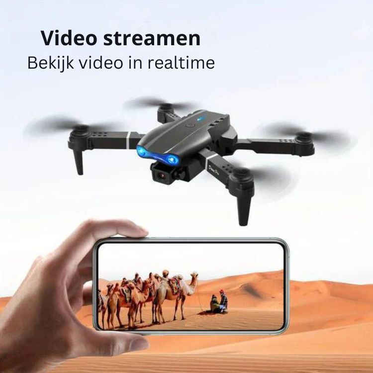 Elegante schwarz-weiß-orange 4K Drohne. Leistungsstarker Quadrocopter für professionelle Luftvideografie.