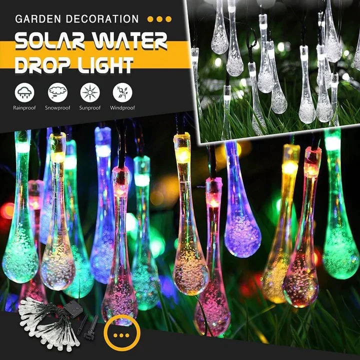 Solar Lichterkette 20m mit Tropfen-Design LEDs für eine gemütliche Garten- und Balkonatmosphäre.