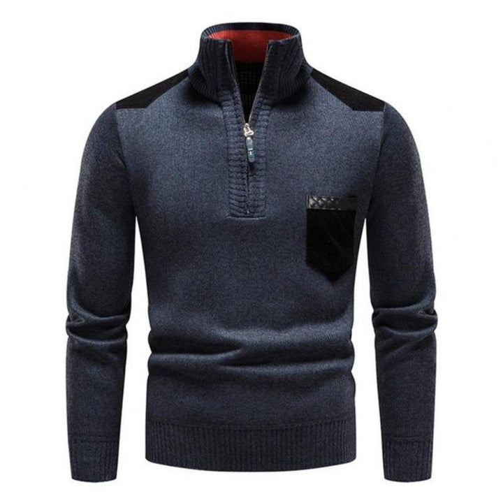 Dunkelblauer Herren Strickpullover, ideal für stilvollen Komfort im Herbst & Winter.
