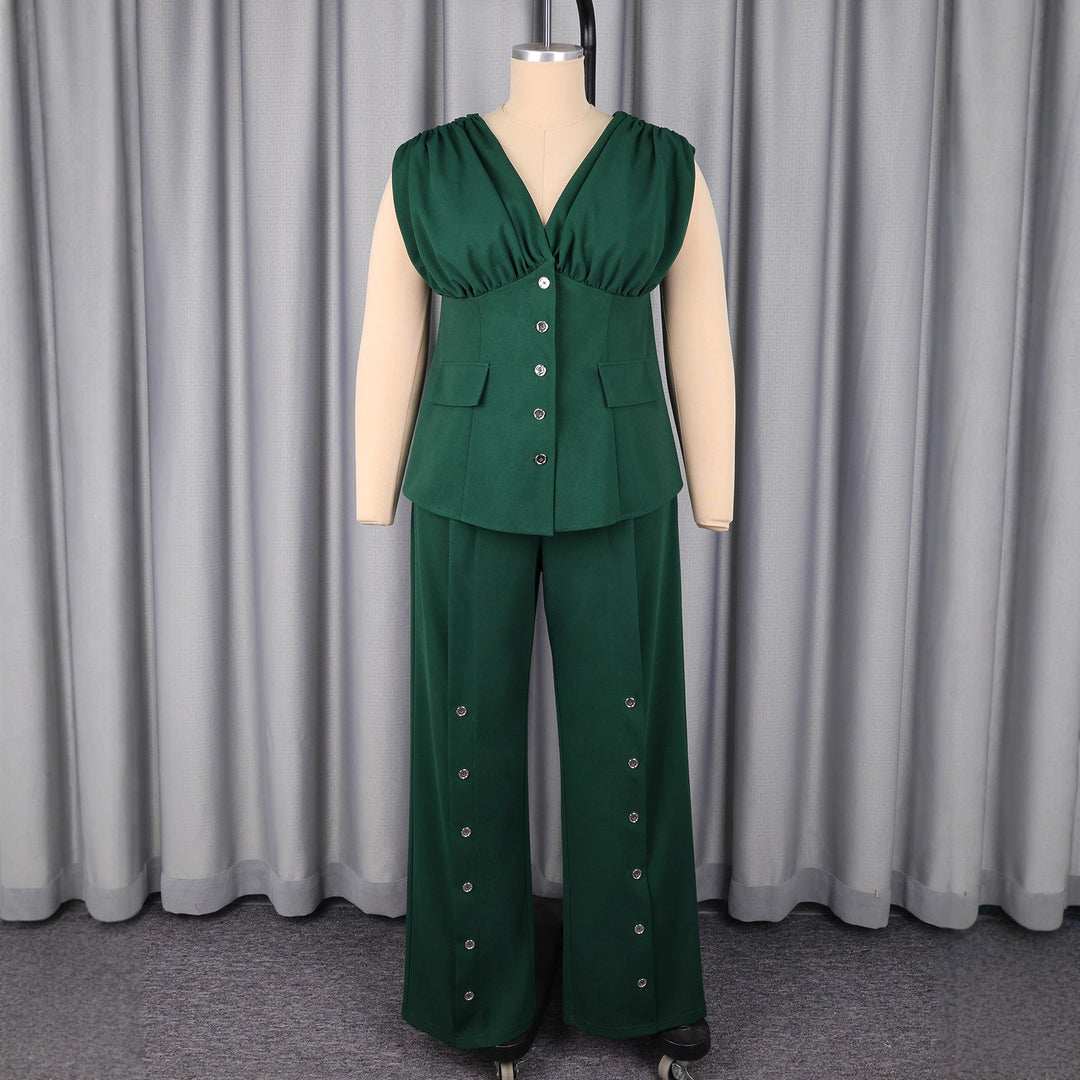 Festlicher dunkelgrüner Damen Jumpsuit mit schmeichelhaftem V-Ausschnitt & Puffärmeln für unvergessliche Abendmode.