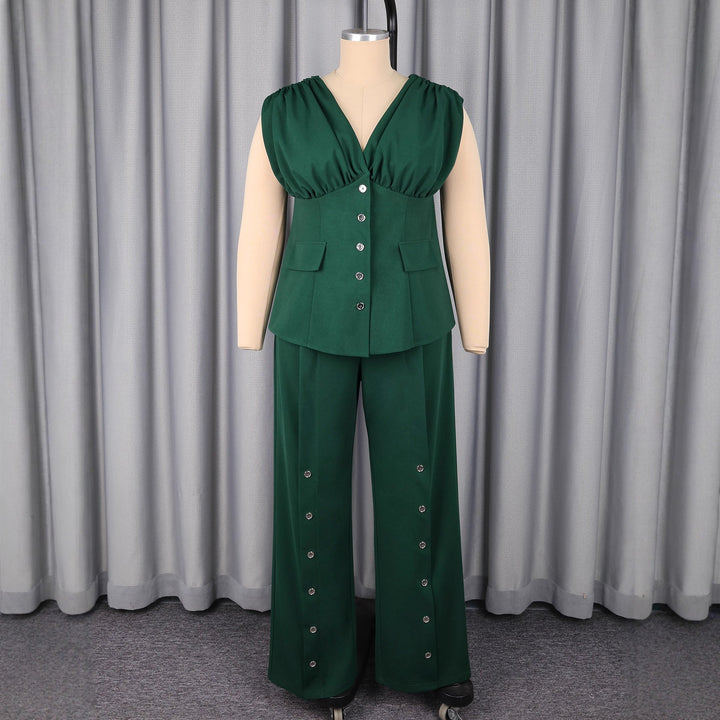 Festlicher dunkelgrüner Damen Jumpsuit mit schmeichelhaftem V-Ausschnitt & Puffärmeln für unvergessliche Abendmode.