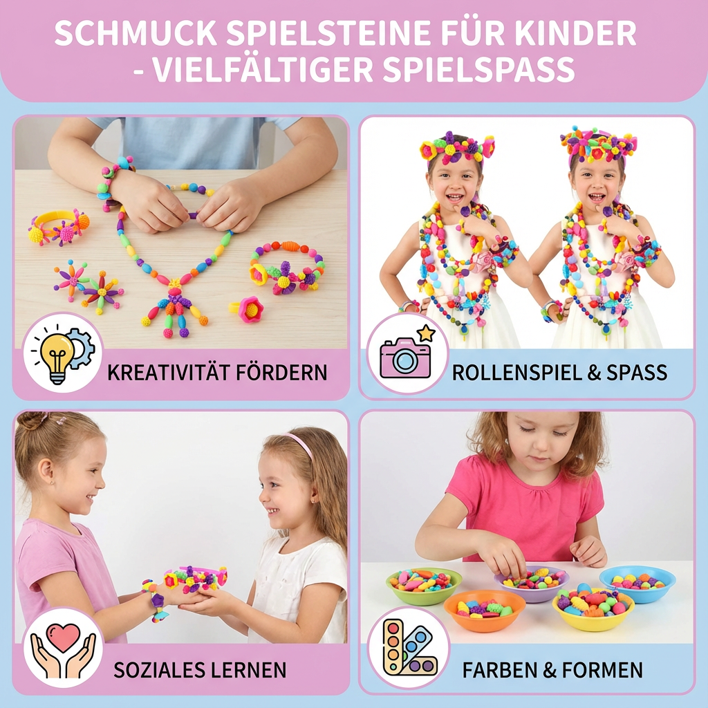 Fertiger Kinderschmuck aus bunten Stecksteinen. Ideal zum Basteln & Spielen.