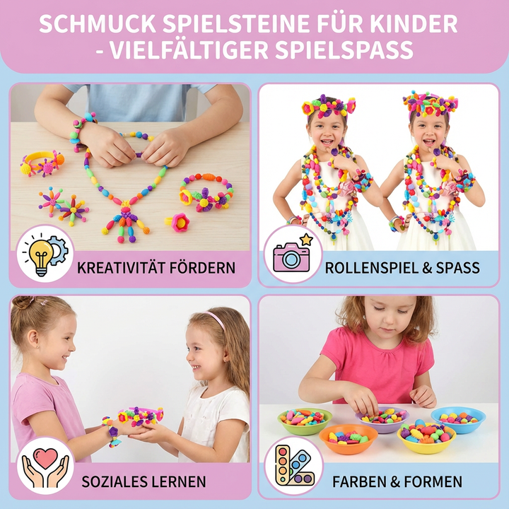 Fertiger Kinderschmuck aus bunten Stecksteinen. Ideal zum Basteln & Spielen.