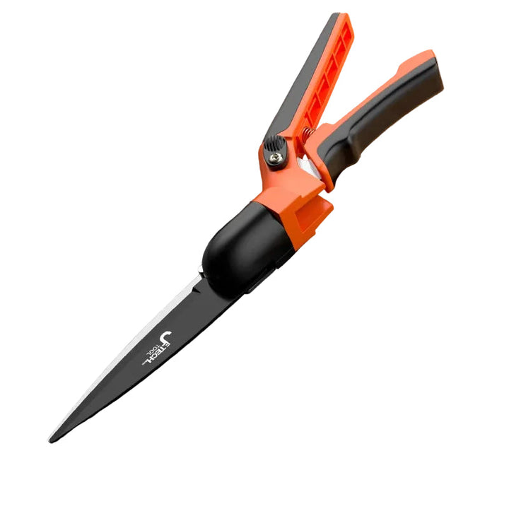 Ergonomische Gartenschere mit scharfer SK5-Klinge und 360° Drehgriff für müheloses Schneiden von Sträuchern.