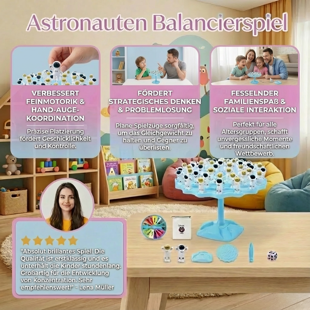 Detailansicht der Astronautenfiguren des Balancierspiels, ideal für Konzentration und Geduld.