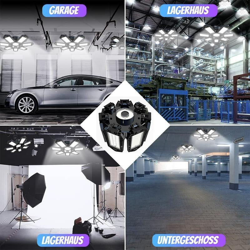 Moderne, verstellbare LED-Garagenleuchte mit E27/E26, 6500K Tageslicht, ideal als Keller- oder Werkstattbeleuchtung.