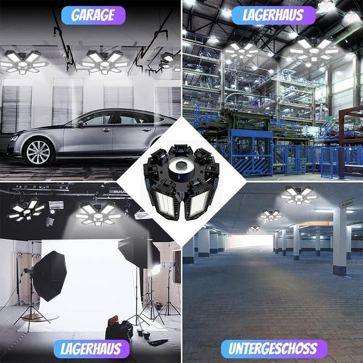 Moderne, verstellbare LED-Garagenleuchte mit E27/E26, 6500K Tageslicht, ideal als Keller- oder Werkstattbeleuchtung.
