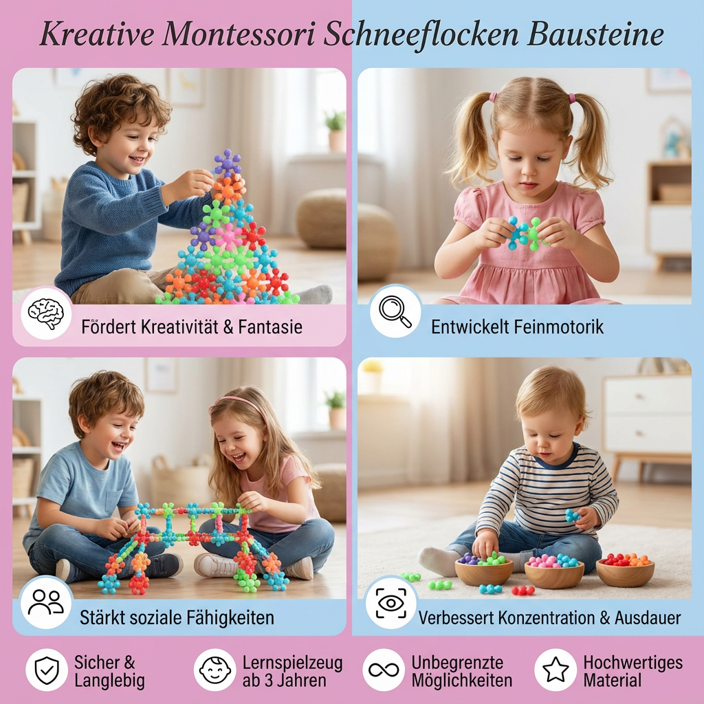 Vielfarbige Schneeflocken Bausteine, Montessori-inspiriertes Konstruktionsspielzeug für Kleinkinder.