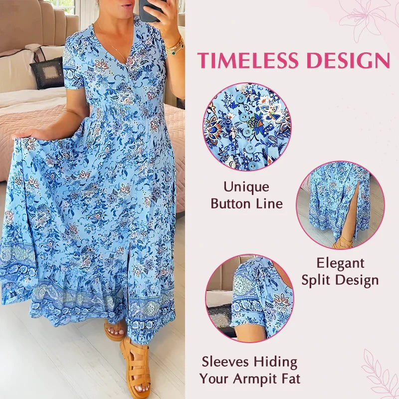 Bequemes Damenkleid, V-Ausschnitt, aus weichem Stoff. Ideal für entspannte Sommertage.