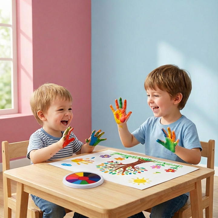 Kind malt begeistert mit abwaschbaren Fingerfarben aus dem pädagogischen Malset für kreative Kinderkunst.