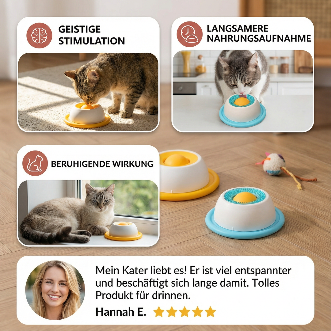 Anti-Schlingen Leckmatte aus strapazierfähigem Silikon für Katzen. Fördert langsames Fressen & bessere Verdauung.