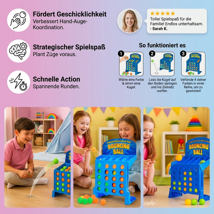 Zwei Kinder spielen konzentriert das Vier Gewinnt Zielschuss Spiel, ein pädagogisches Kinderspiel zur Förderung.