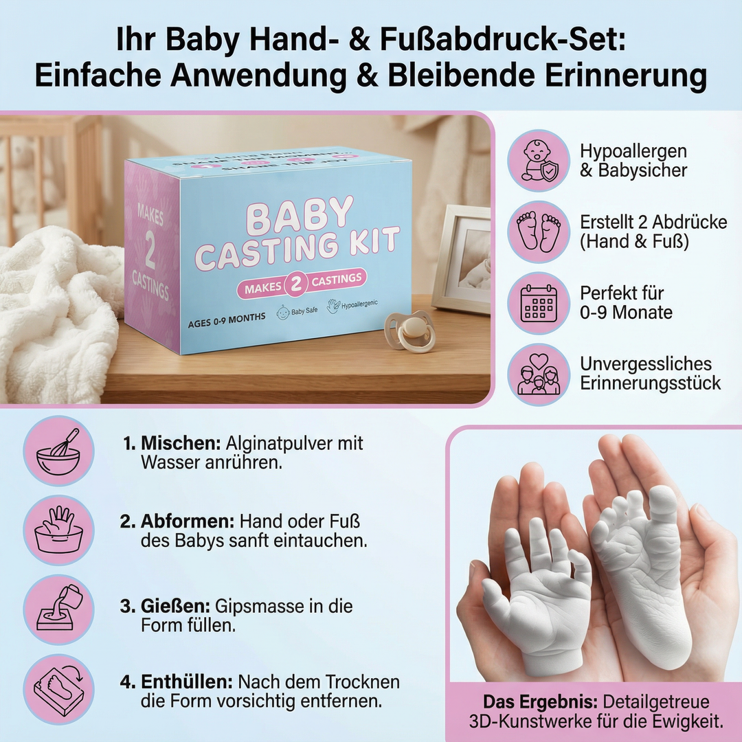 Baby Hand- und Fußabdruck Set als unvergessliches Andenken für Eltern. Ideales Geschenk zur Geburt oder Taufe.