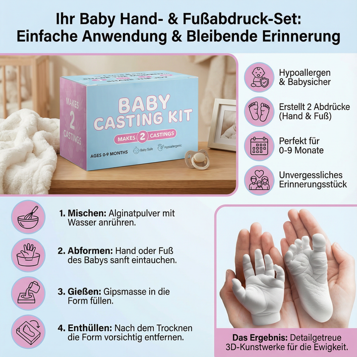 Baby Hand- und Fußabdruck Set als unvergessliches Andenken für Eltern. Ideales Geschenk zur Geburt oder Taufe.