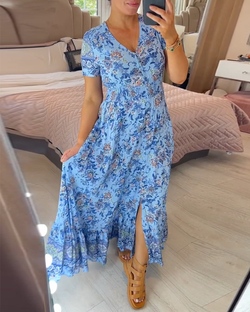 Damen Sommerkleid mit V-Ausschnitt in fröhlichen Mustern. Verleiht jedem Look Leichtigkeit.