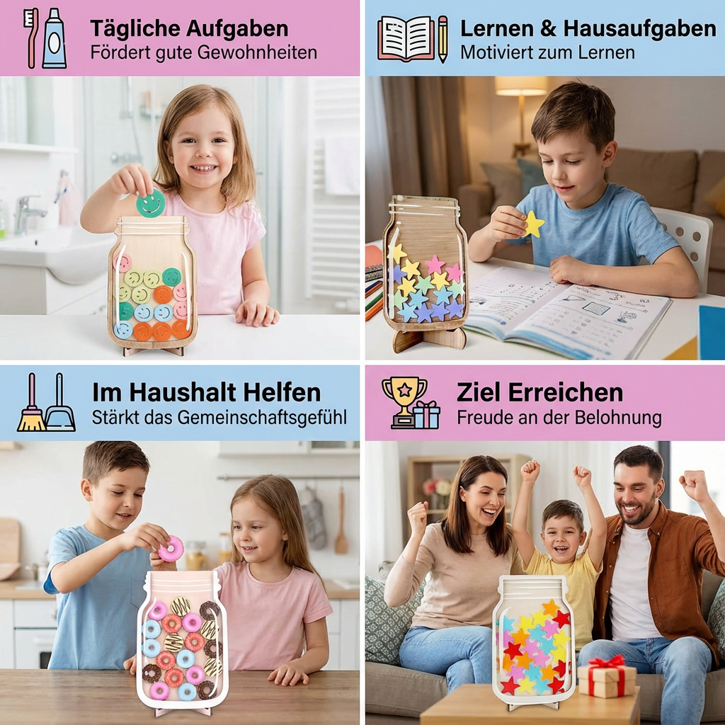Pädagogisches Belohnungsglas Sternsystem für Kinder, unterstützt positive Erziehung & Zielsetzung.