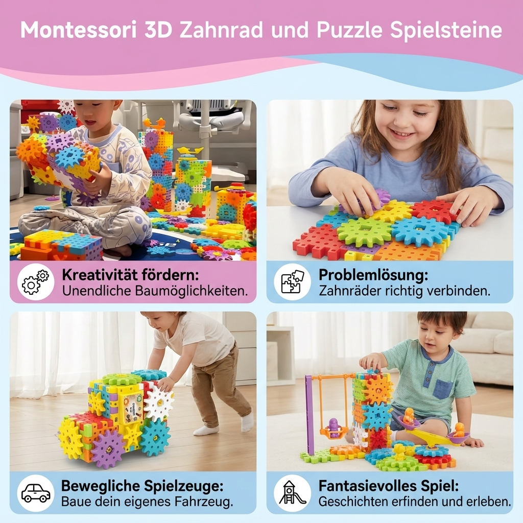 Farbenfrohes Montessori Zahnrad & Puzzle Set für Kinder. Kreatives 3D Lernspielzeug fördert Spiel & Entwicklung.