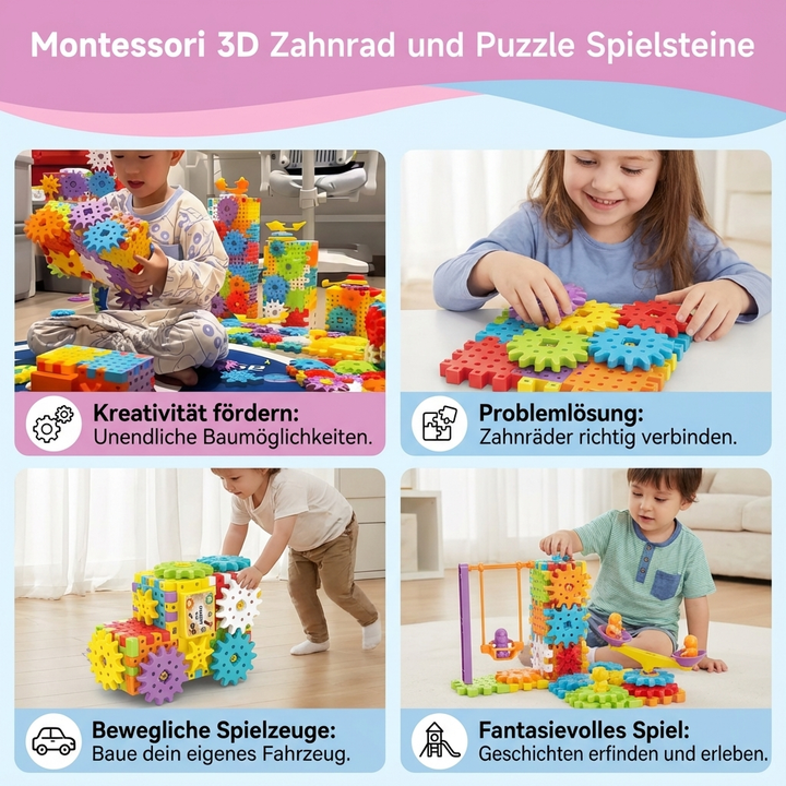 Farbenfrohes Montessori Zahnrad & Puzzle Set für Kinder. Kreatives 3D Lernspielzeug fördert Spiel & Entwicklung.