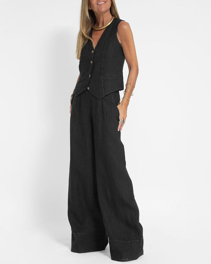 Elegantes Freizeitmode Set für Damen: Weste & weite Hose. Ideal für Herbst und Frühling.