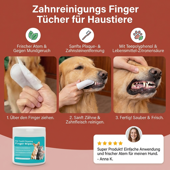 Packung Haustier Zahnreinigungstücher. Pflegetücher für Hunde- & Katzenzahnpflege, unterstützen frischen Atem.