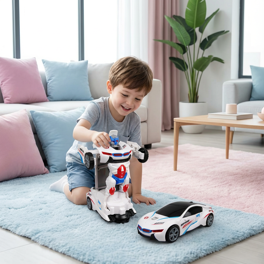 Actionreicher Verwandlungs-Rennwagen für Kinder, cooles Spielzeug mit Roboterfunktion und LEDs.