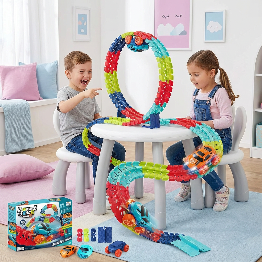 Kinder spielen mit Anti-Schwerkraft Rennbahn: Spielzeugautos jagen durch Loopings und kreative Bahnen.