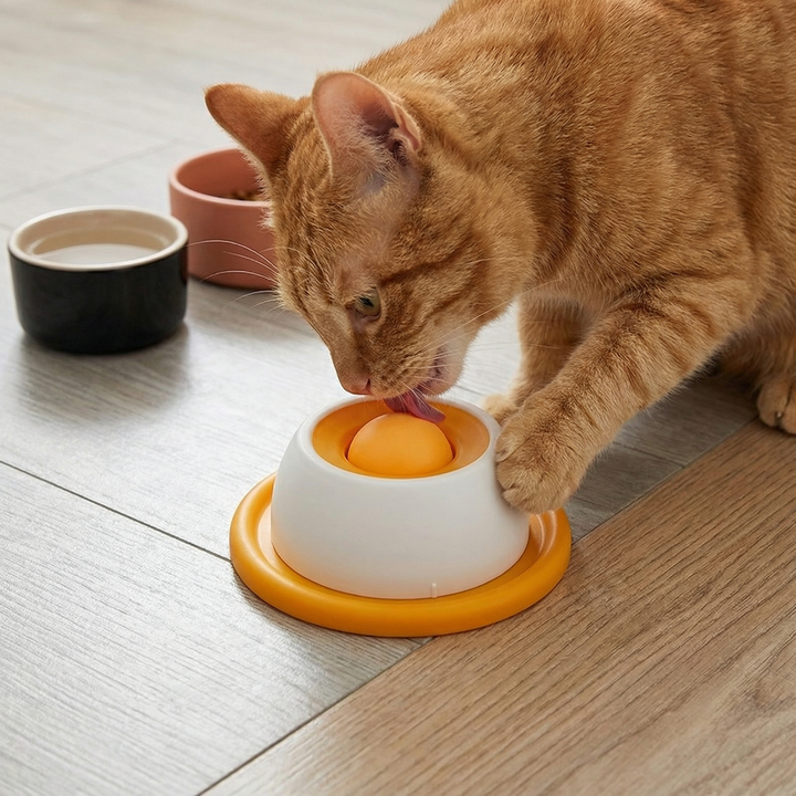 Runde Silikon-Leckmatte als Slow Feeder für Katzen, ideal gegen Schlingen & für gesundes Fressen.