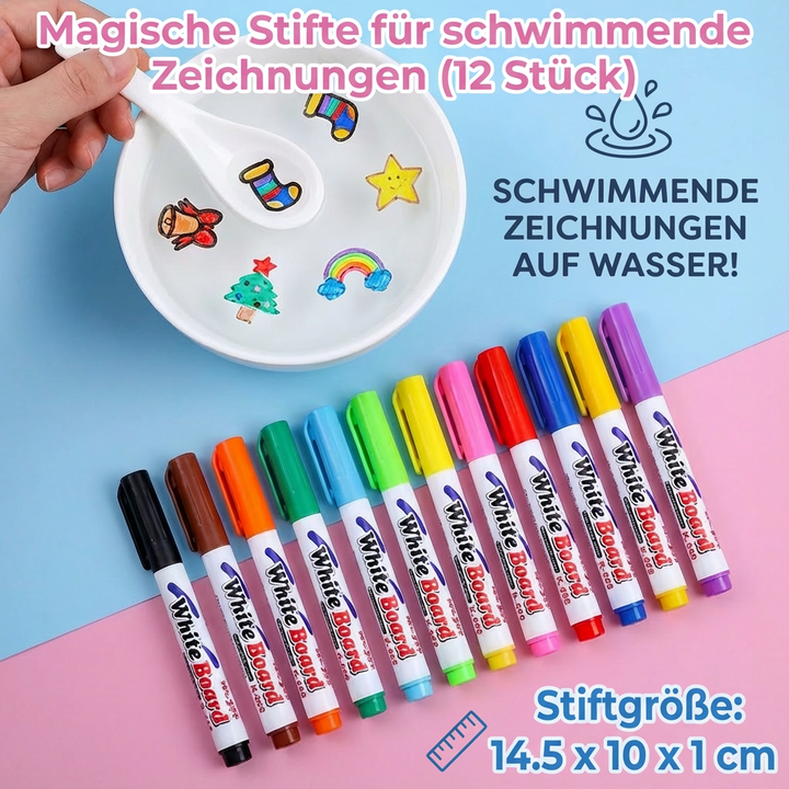 Detailansicht: Bunte, schwimmende Zeichnungen auf Wasser, erstellt mit dem magischen Malset für Kinder.