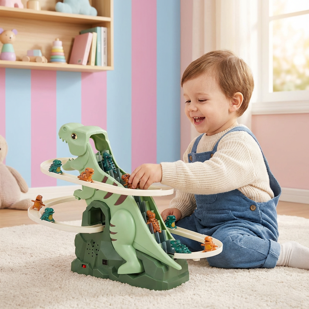 Bunte Dino Rutsche Achterbahn aus robustem Kunststoff für Kleinkinder. Elektrisches Spielzeug für aktive Entwicklung.