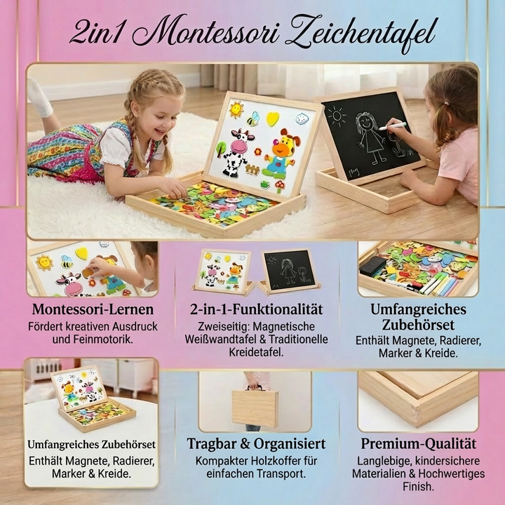 Kreative Kindertafel mit Kreide- und Whiteboard-Fläche, robustes Holzspielzeug.