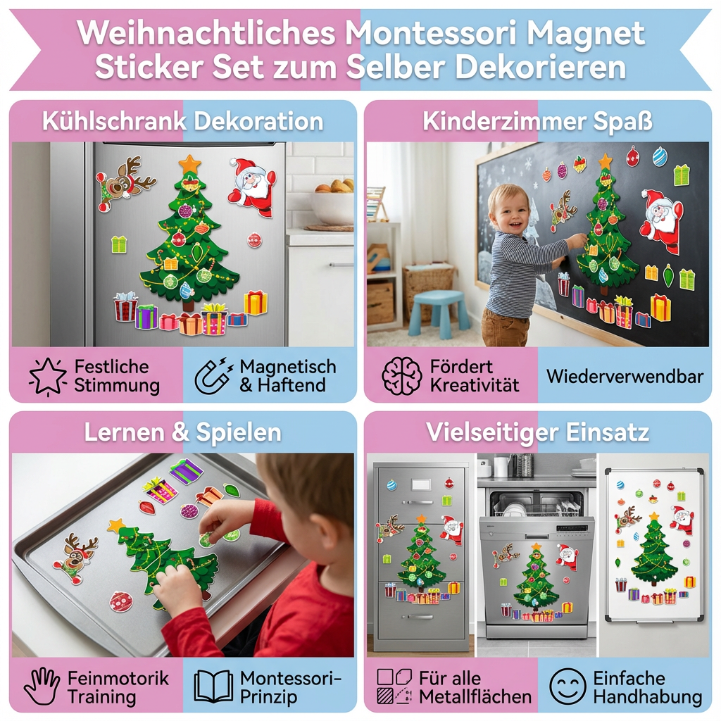 Detailaufnahme des Montessori Magnetsets mit vielen weihnachtlichen Figuren zum Dekorieren.