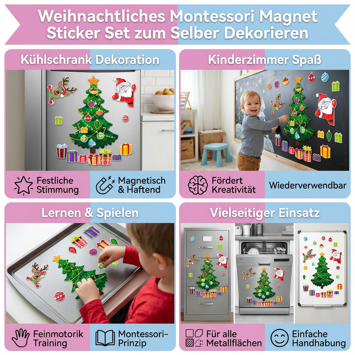 Detailaufnahme des Montessori Magnetsets mit vielen weihnachtlichen Figuren zum Dekorieren.