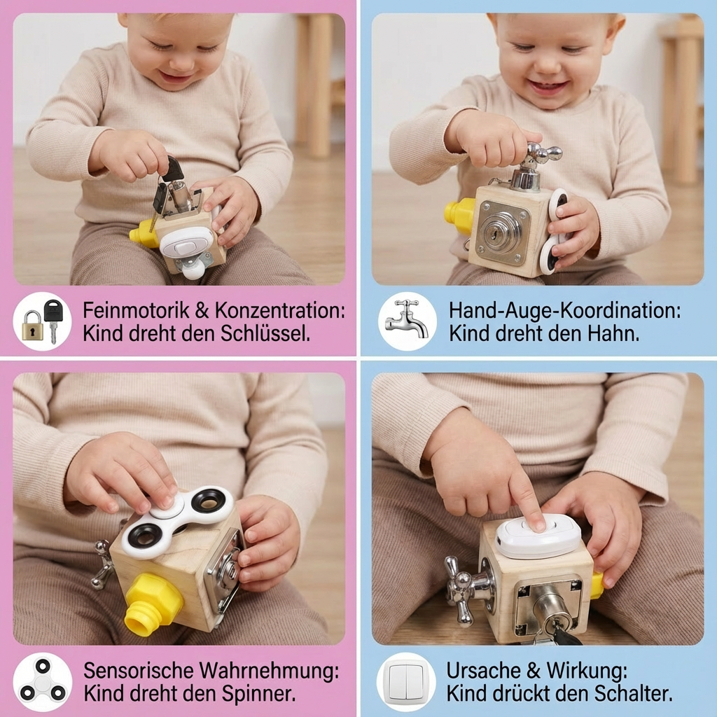 Kind spielt aktiv mit Montessori Entdeckerwürfel, fördert Feinmotorik, Geschicklichkeit & Konzentration.