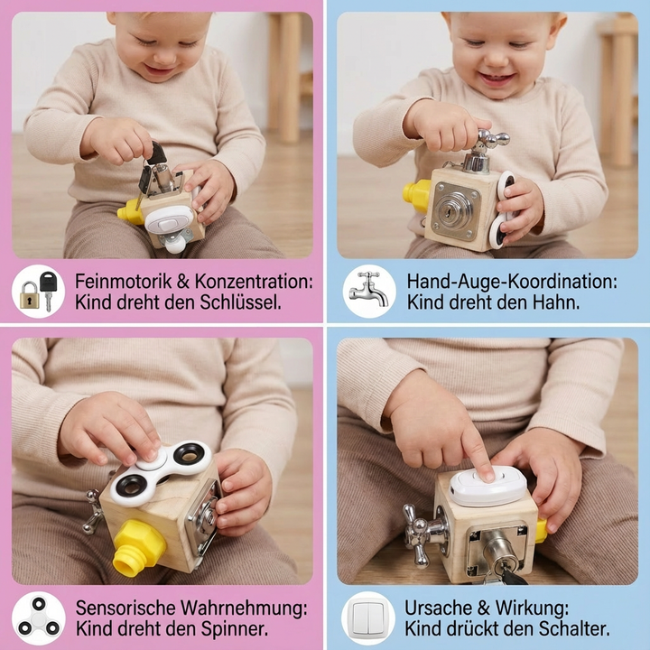 Kind spielt aktiv mit Montessori Entdeckerwürfel, fördert Feinmotorik, Geschicklichkeit & Konzentration.