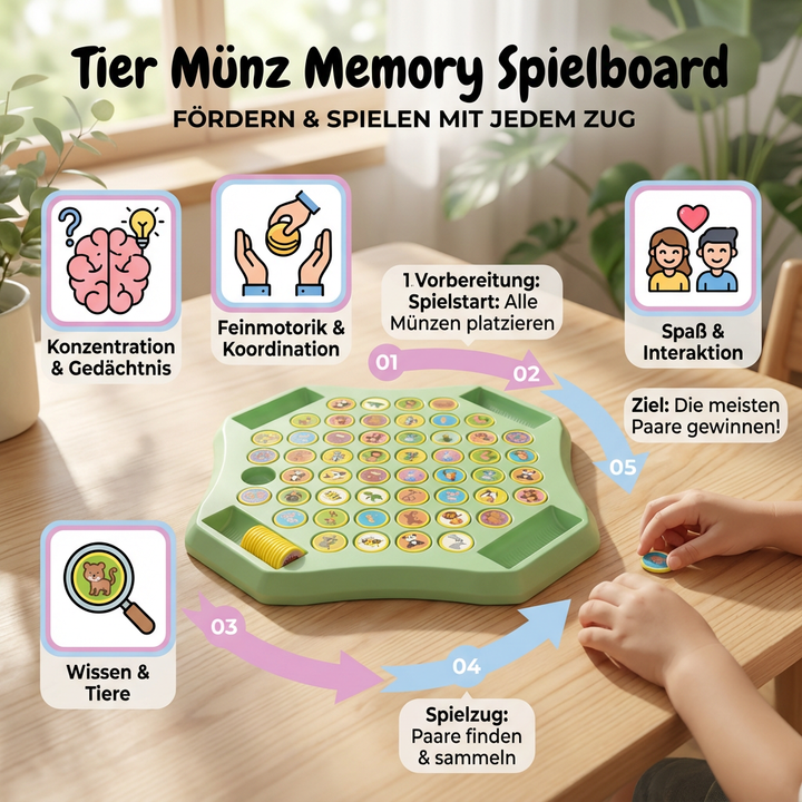 Hochwertiges Holzspielzeug: Memory Gedächtnisspiel mit Tiermünzen. Robustes Reisespiel für Kinder und Familie.