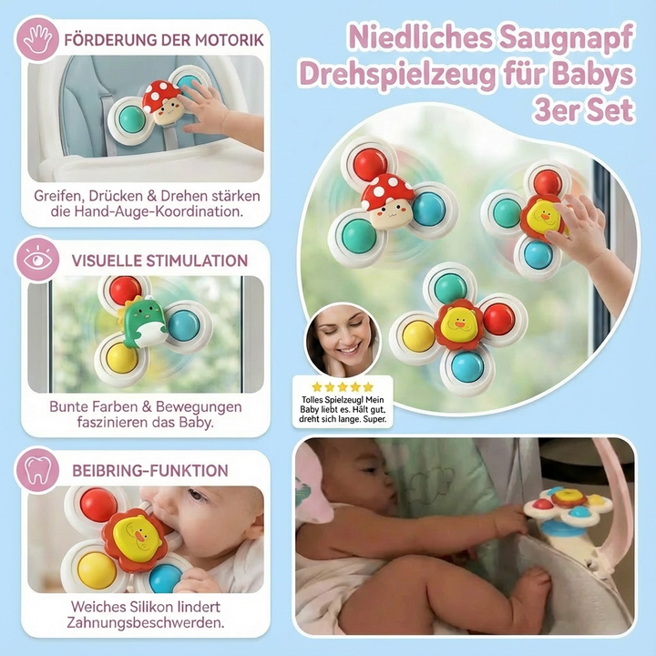 Buntes Babyspielzeug: 3 Drehspielzeuge mit Saugnapf für Hochstuhl, Reisen und sensorischen Spielspaß.