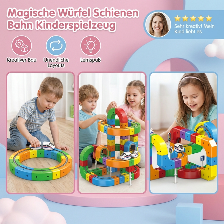 Spannende Würfel Schienen Bahn, unendliche Baumöglichkeiten für kreative Spielstunden der Kinder.