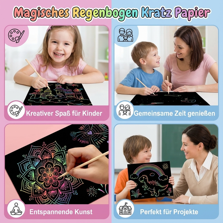 Fertige farbenfrohe Regenbogen-Kratzbilder aus dem Set, perfekt als einzigartiges Kunst-Geschenk.