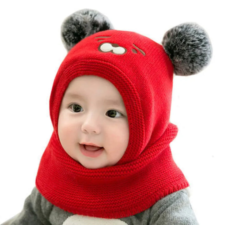 Strickmütze für Babys mit Ohren & Fleecefutter, süßes Tiermotiv, schützt den Kopf vor Kälte.