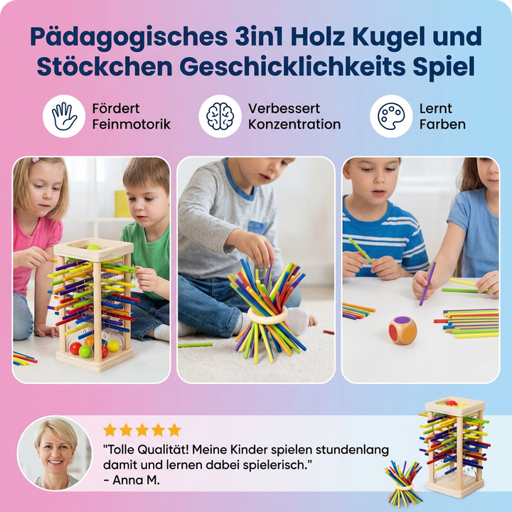 Kinder spielen begeistert mit dem pädagogischen 3in1 Holzspiel, das Feinmotorik & Konzentration schult.
