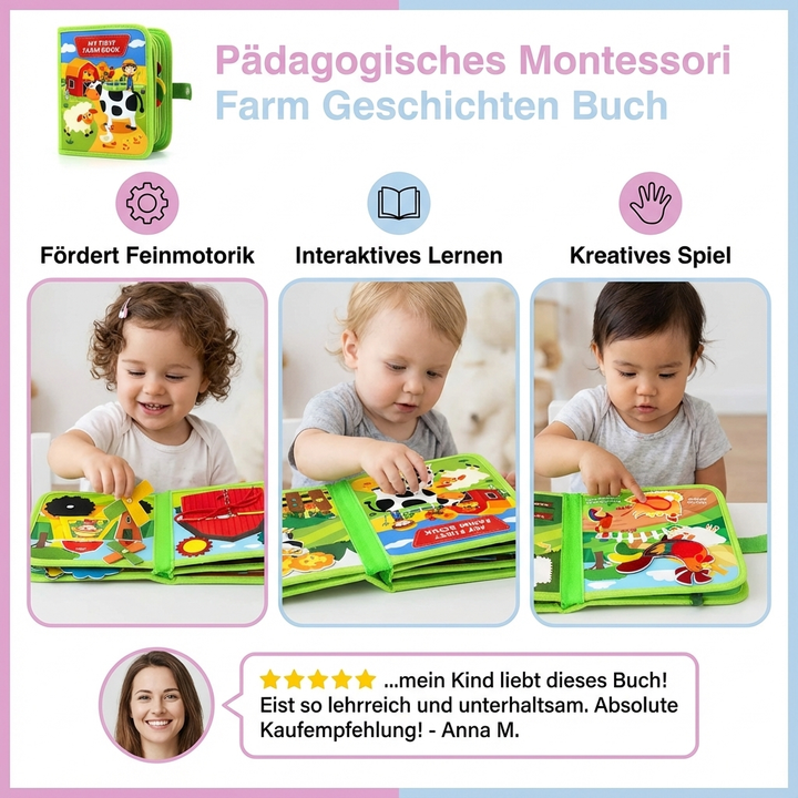 Detailansicht einer Seite des Montessori Lernspielzeugs; zeigt liebevolle Bauernhoftiere und kurze Geschichten.