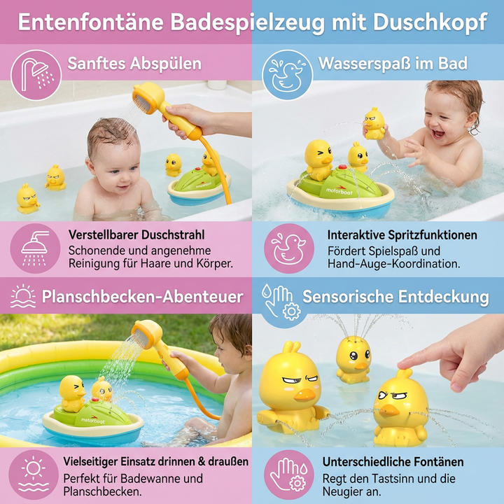 Entenfontäne für die Badewanne & Dusche. Kinder Wasserspielzeug mit Duschkopf für interaktiven Badespaß.