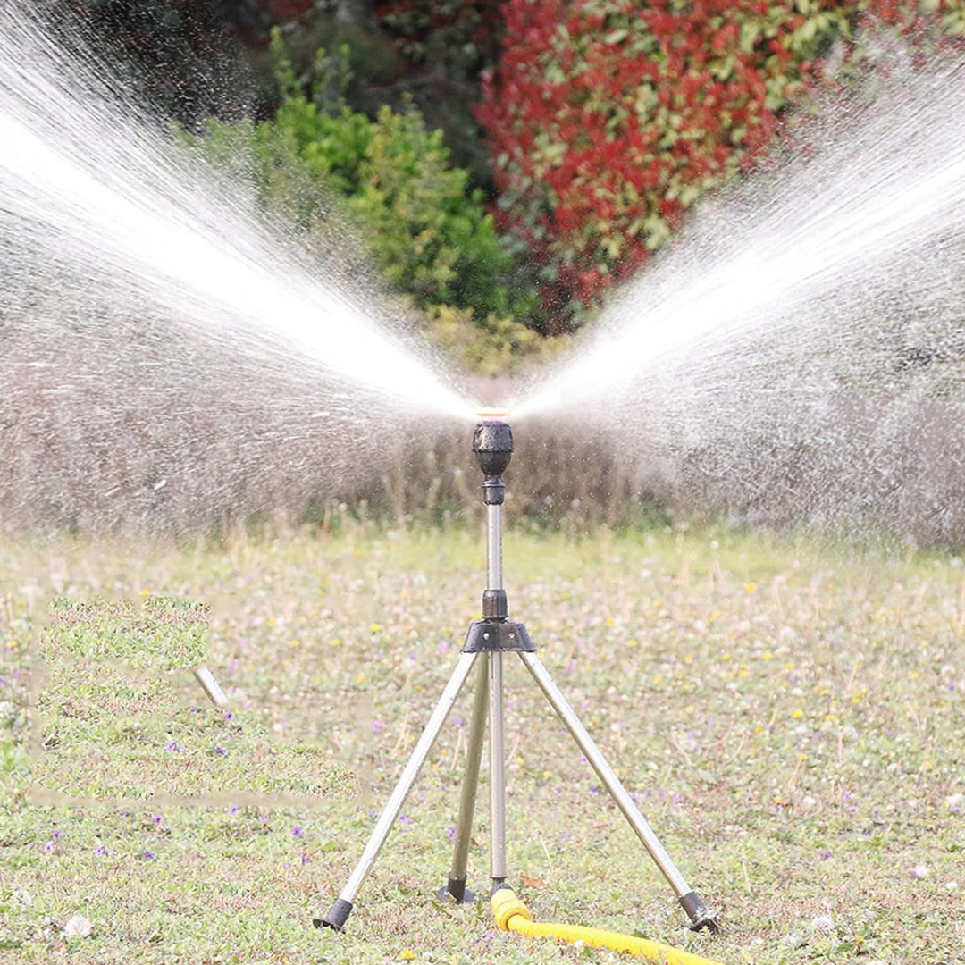 Edelstahl Garten Sprinkler mit 360° drehbarem Stativ-Regner für effiziente Rasenbewässerung & Gartenpflege.