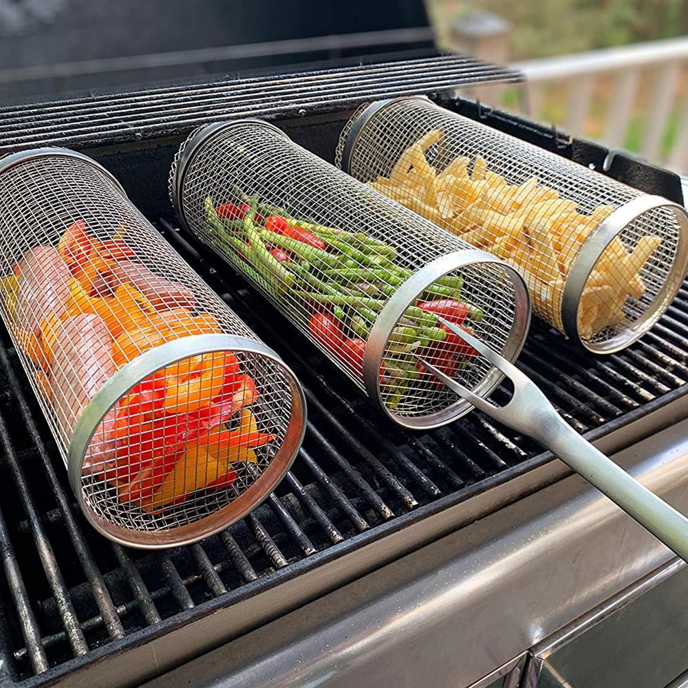 Edelstahl Grillzylinder Set für gesundes Grillen von Gemüse, Fleisch & Fisch auf dem BBQ-Grill, rostfrei.