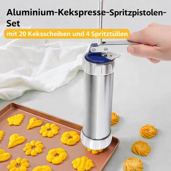 Hochwertige Edelstahl Keks-Presse mit verschiedenen Gebäckformen für vielfältiges Spritzgebäck.