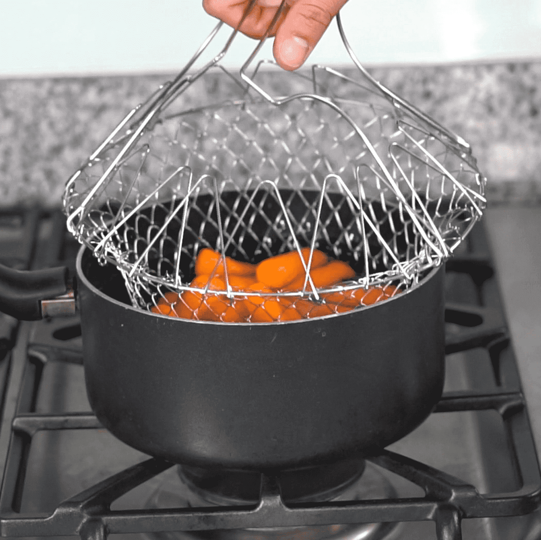 Edelstahl Kochkorb für Kochen, Dämpfen & Frittieren; vielseitiger Küchenhelfer für Ihre Küche.