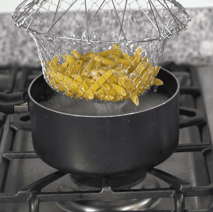 Vielseitiger Edelstahl Kochkorb für gesundes Dämpfen, schonendes Sieden und knuspriges Frittieren in Ihrer Küche.