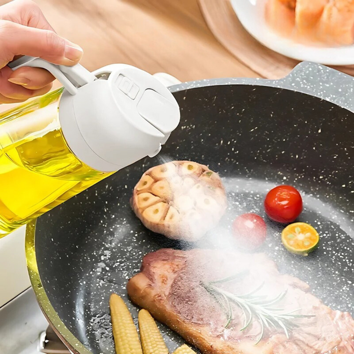 Edelstahl Ölsprüher für präzises Kochen und Backen, perfekt für gesunde, kalorienarme Mahlzeiten in der Küche.