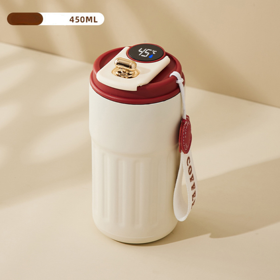 Vielseitiger Isolierbecher 450ml für Heiß- & Kaltgetränke. Mit LED-Temperaturanzeige.